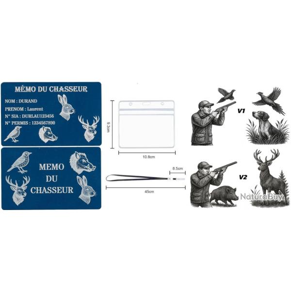 M�mo Chasseur bleu en aluminium grav� au laser (Recto / Verso) + Porte badge tour de cou
