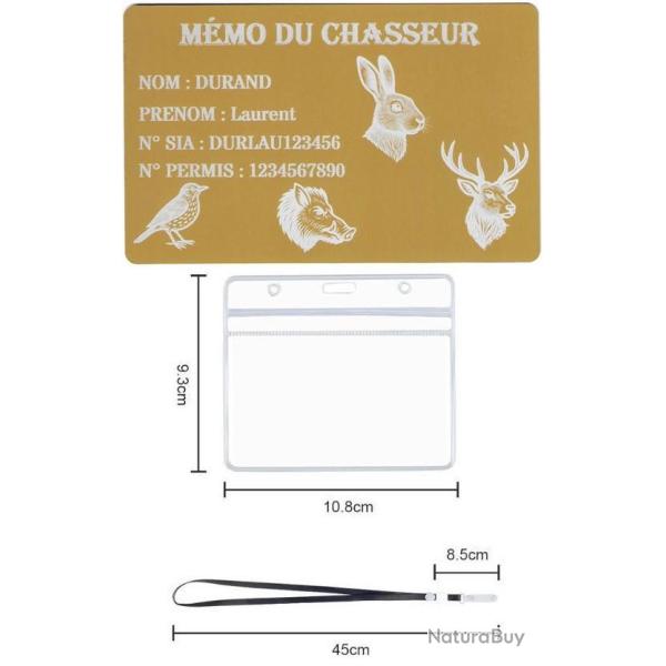 M�mo Chasseur dor� en aluminium grav� au laser (Recto) + Porte badge tour de cou