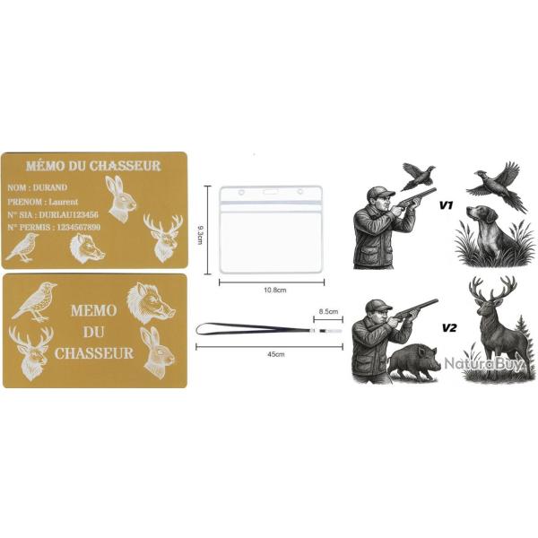 M�mo Chasseur dor� en aluminium grav� au laser (Recto / Verso) + Porte badge tour de cou