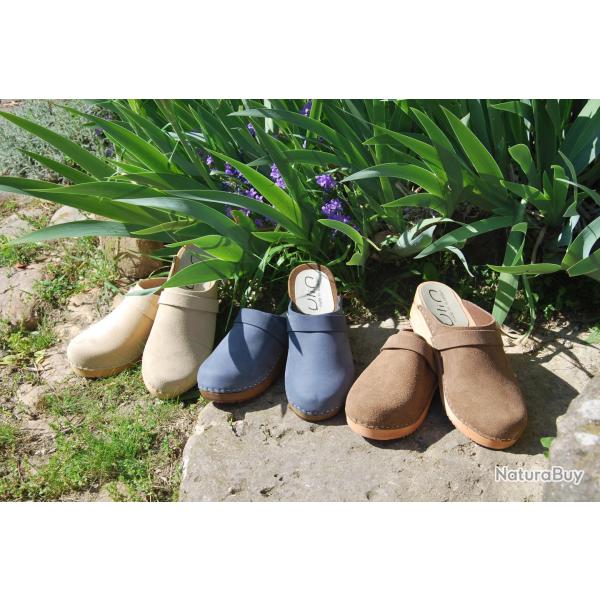 Sabots su�dois femme en daim nubuck velours luxe bleu marine navy
