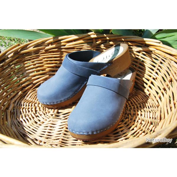Sabots su�dois femme en daim nubuck velours luxe bleu marine navy