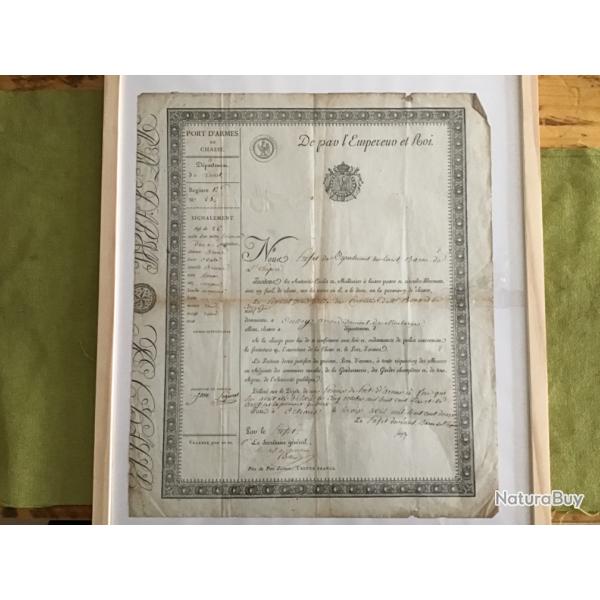 RARE  PERMIS DE PORT D ARMES DE CHASSE. DE PAR EMPEREUR ET ROI NAPOLEON 1 �re date 1810