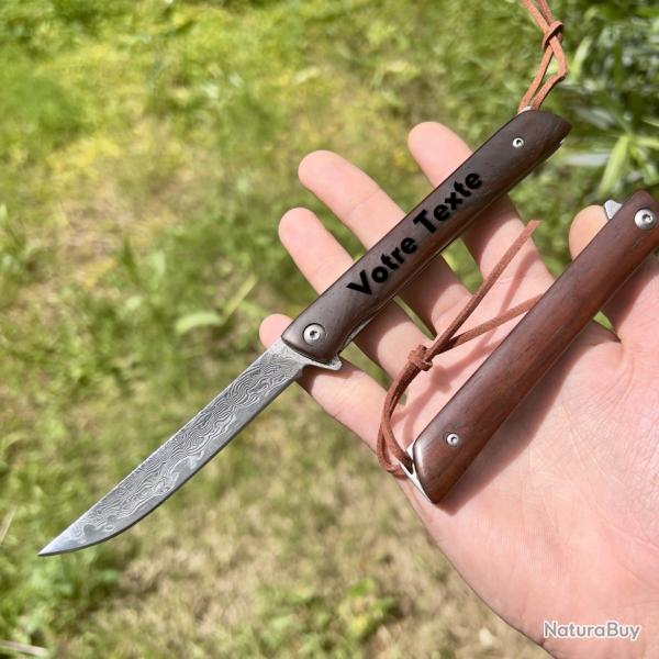 Couteau pliant damas personnalisable gravure nom pr�nom cadeau tete pierre manche en bois #307