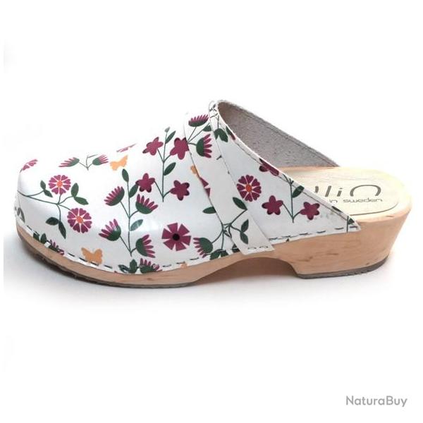 Sabot en bois femme su�dois cuir liberty marguerite bleuets lilas