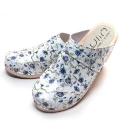 Sabot en bois femme su&eacute;dois cuir liberty marguerite bleuets 41 bleu turquoise