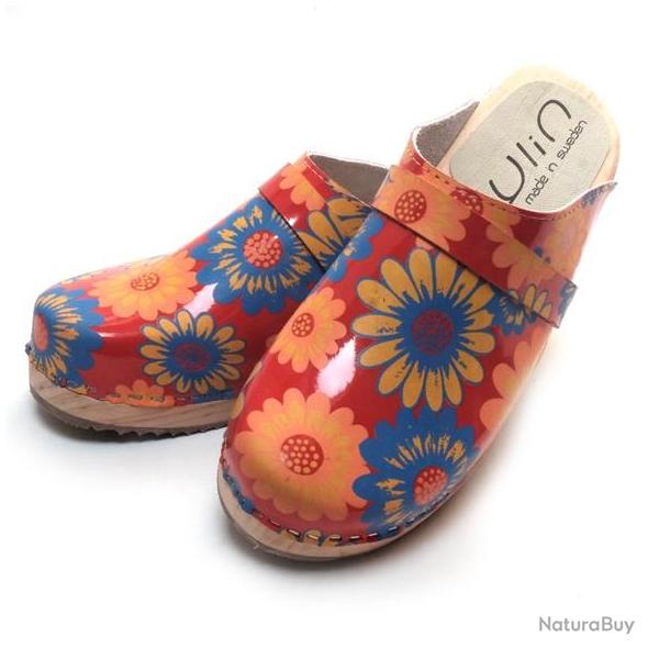 Sabot en bois femme su�dois cuir liberty marguerite bleuets rouge 35