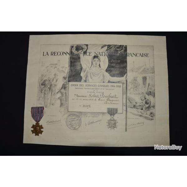 MEDAILLE SERVICES CIVIQUES 1914-1918-LRNF-AVEC DIPL�ME-Robert POMBART-St AIGNAN (ARDENNES)