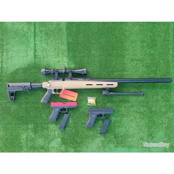 PACK10 Carabine SNOWPEAK M30C 5.5 mm 19,9 J. + Lun. 4 x 32 + Kit puissanc + Bipied + Cadeau Glock 17