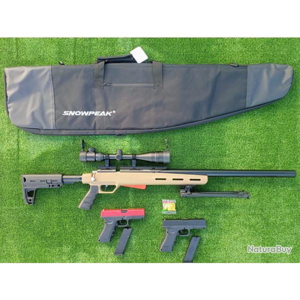 PACK12 Carabine PCP Snowpeak M30C 6,35 mm 19,9 J.+ lun. 4-16 x 40AO + Bipied + Kit puiss.+ Glock 17