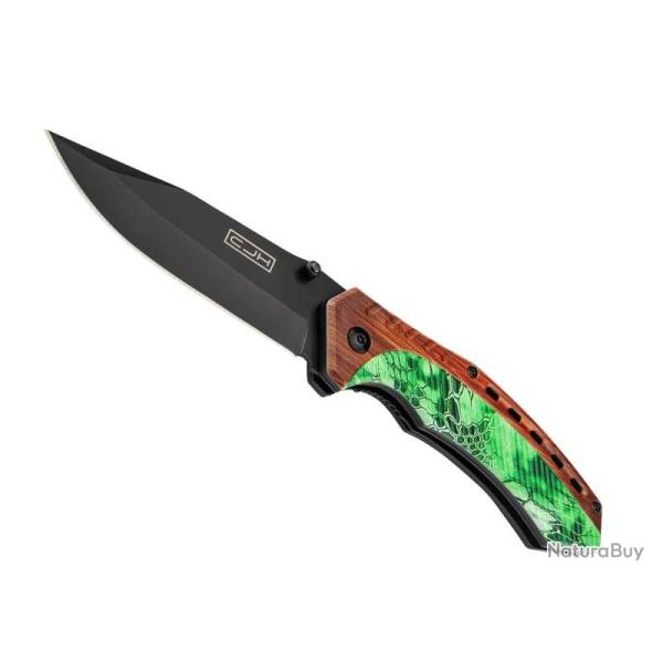 COUTEAU CJH ABS DECOR BOIS/CAMO VERT 12CM INOX NOIR