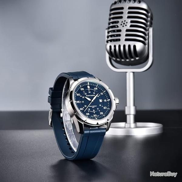 Montre Homme tanche Mouvement Quartz Bracelet Silicone tier Acier Inoxydable Style lgant Bleu