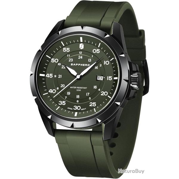 Montre Homme tanche Mouvement Quartz Bracelet Silicone tier Acier Inoxydable Style lgant Vert