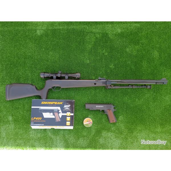 PACK-3 Carabine Piston gaz Snowpeak  SU1200S, Canon Fixe Cal. 5,5 mm 19,9 j. + Pistolet LP400 4,5 mm