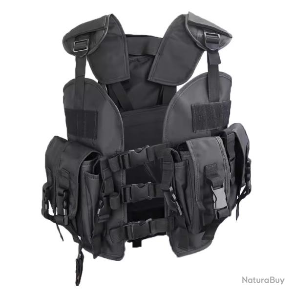 GILET TACTIQUE AIRSOFT POCHE DORSALE ET 4 POCHES VENTRALES - NOIR - LIVRAISON GRATUITE