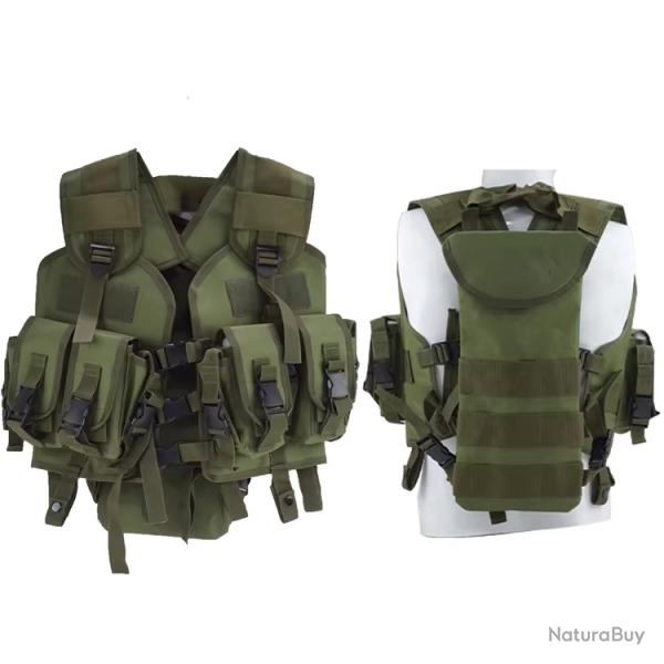 GILET TACTIQUE AIRSOFT POCHE DORSALE ET 4 POCHES VENTRALES - VERT - LIVRAISON GRATUITE