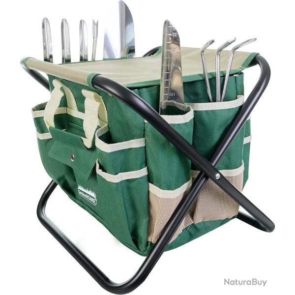 Complete Garden Tool Kit - 7 Pieces, Heavy Duty Stainless Steel, Sturdy Folding Stool, Tool Bag