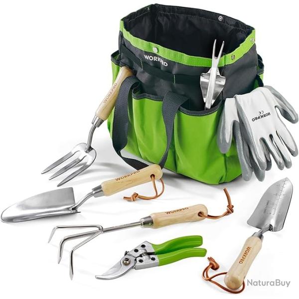 Outils de Jardinage, 8 Pices, Ensemble de Jardinage en Acier Inoxydable Lourd avec Poigne de Bois