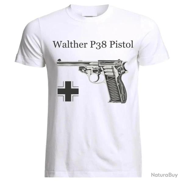 T shirt pistolet Walther P38 manches courtes Blanc