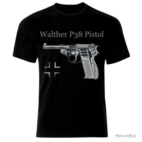 T shirt pistolet Walther P38 manches courtes Noir