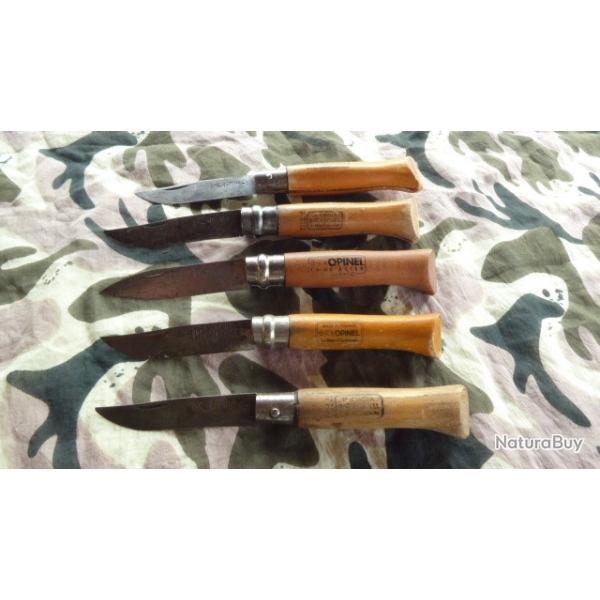 LOT DE 5 OPINEL ANCIENS MAIN COURRONNE 7 ET 8 AVEC ET SANS VIROLE+1 en cadeau
