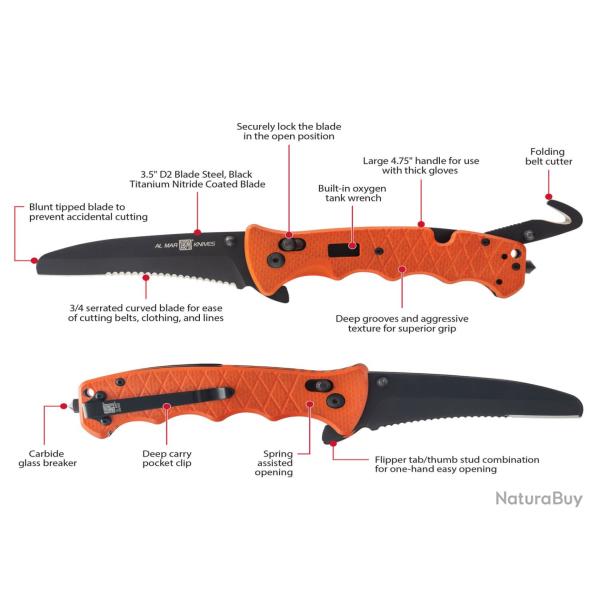 Couteau Al Mar AMK Secours Lame Acier D2 Manche G10 Orange Max-Lock Brise-Vitres Clip AMK1050RAK
