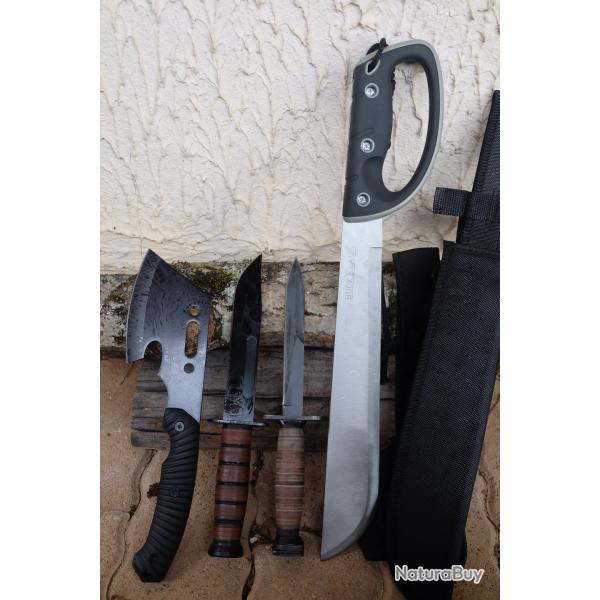 Lot de 4 Poignard Hache Lame Acier 3Cr13 Manche Cuir Etui LOT POUR REVENDEURS Survie Outlast Alaska