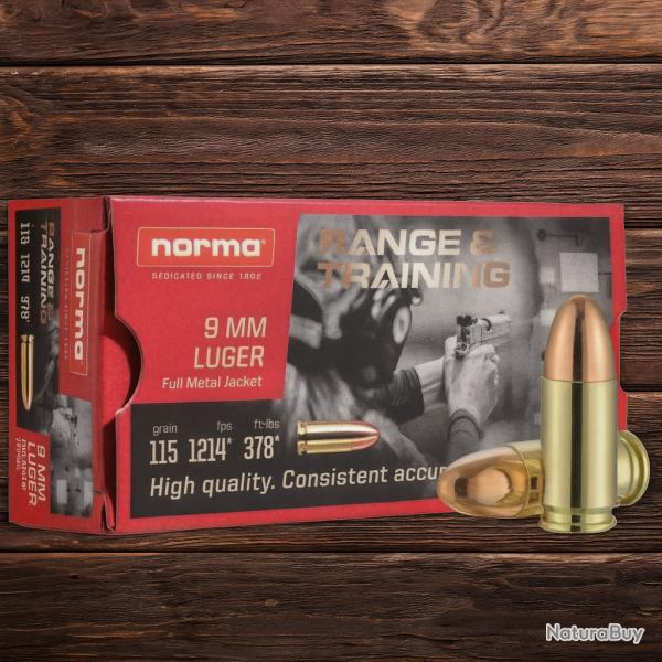 Munitions NORMA 9MM LUGER 7.45g 115gr range & training FMJ x1 bote - PRIX MINI