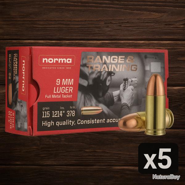Munitions NORMA 9MM LUGER 7.45g 115gr range & training FMJ - 250 cartouches - Pack conomique