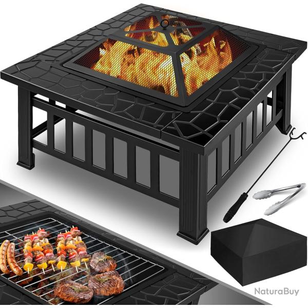 Foyer avec Grille et Pince � grillade brasero, 3 en 1 Foyer Multifonction pour Chauffage/Barbecue