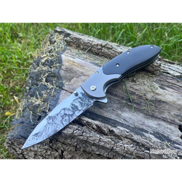 Couteau  Ouverture Assiste - 20 cm loups en montagne