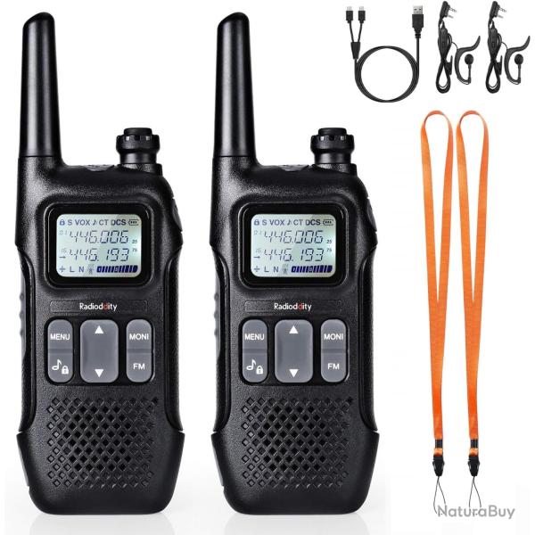 Talkie Walkie 2pcs PMR446 16 Canaux cran LCD Batterie1500 mA Longue Porte Vox Casque Lampe