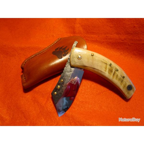 COUTEAU ARTISANAL forg l'ATELIER DE L'OURS NOIR PC BERGER chasse camping rando CORNE BELIER pliant