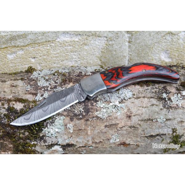 Couteau Fa�on Corse Curnicciulu Lame Damas 128 Couches Manche Flamme Fabric Artisanale Locback