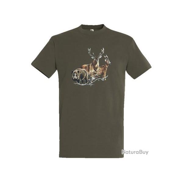 T Shirt Bartavel nature trio gros gibiers kaki
