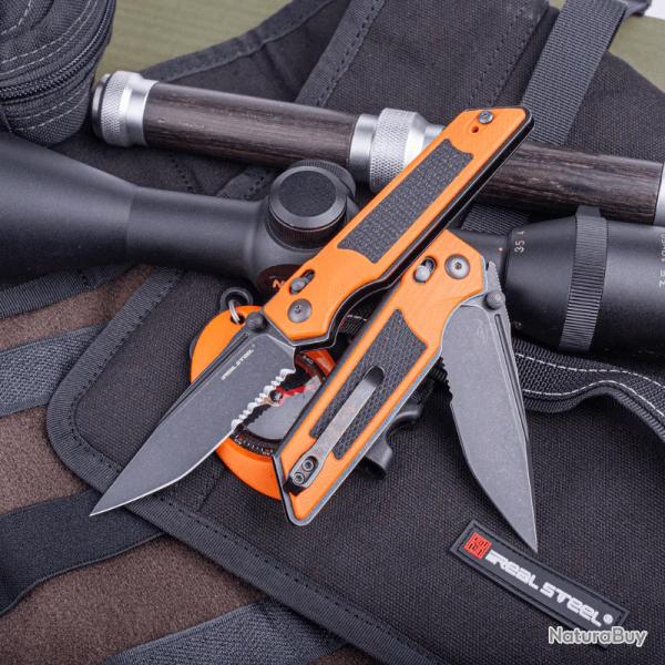 Couteau Real Steel Sacra TAC Manche G10 Orange/Noir Lame Tanto Acier K110 Slide Lock Clip RS7713OB