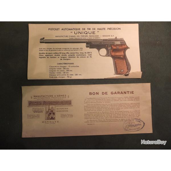 PISTOLET UNIQUE SPORT CAL 22LR - DOCUMENTS ORIGINAUX - NOTICE & GARANTIE
