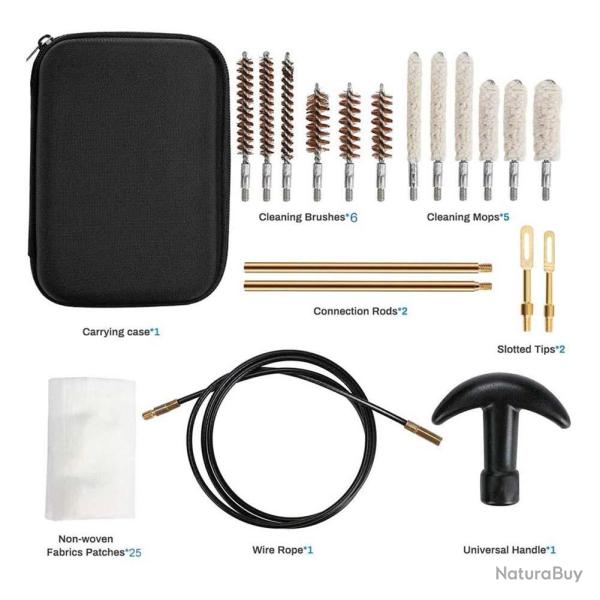 KIT DE NETTOYAGE ARMES DE POING AVEC PATCHS - CALIBRE 22/.38/9mm/.40/.45 - LIVRAISON GRATUITE