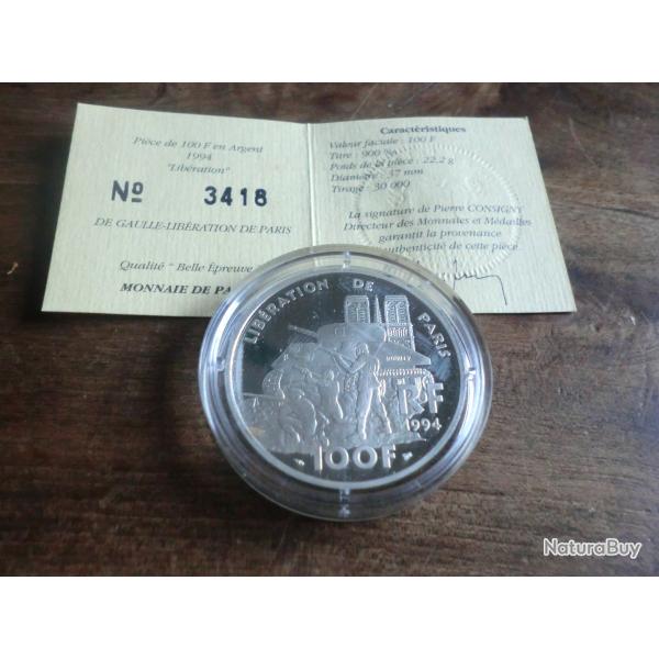 piece 100 francs "argent 1994 " lib�ration de paris / titre 900%