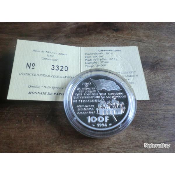 piece 100 francs "argent 1994 " philippe leclerc de hauteclocque  "/ titre 900%
