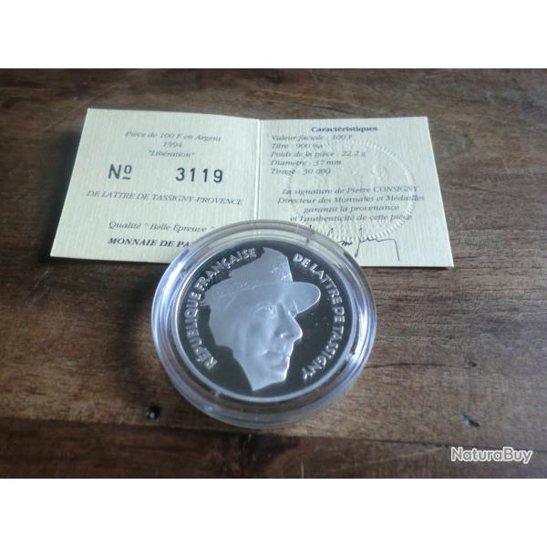 piece 100 francs "argent 1994 " delattre de tassigny provence   "/ titre 900%