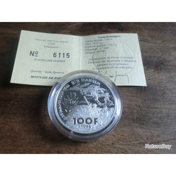 piece 100 francs "argent 1994 " marie pierre koenig "/ titre 900%