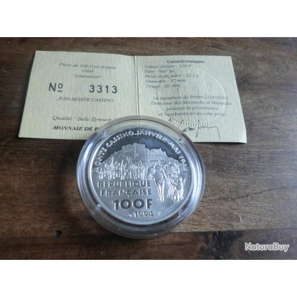 piece 100 francs "argent 1994 " juin -monte cassino "/ titre 900%