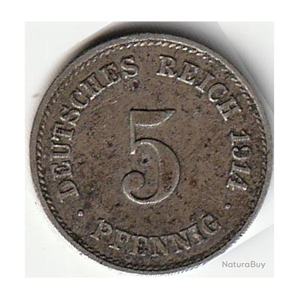 Pi�ce de Monnaie Allemagne 5 pfennig - Wilhelm II type 2 - grand aigle 1914 F