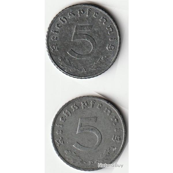 Pi�ce de Monnaie Allemagne Lot 5 reichspfennig zinc1940 A et 1941 D