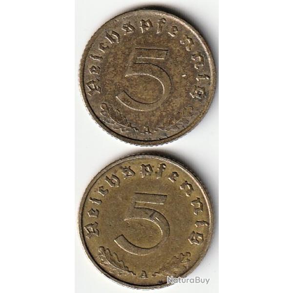 Pi�ce de Monnaie Allemagne Lot 5 reichspfennig 1937 A et 1938 A