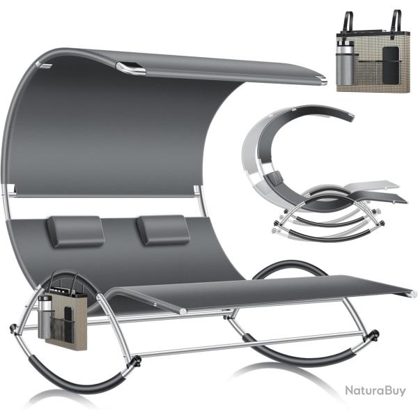 Chaise Longue Double Double +Toit Solaire, Coussin, pour 2 Personnes,Ergonomique Charge de 240 kg