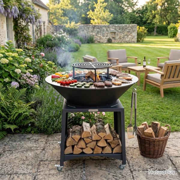 Brasero haut en acier FIESTA avec plaque et grille amovible -- Barbecue plancha ext�rieur (75 cm / 1