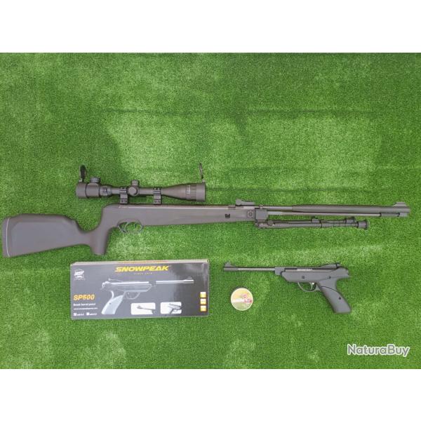PACK-10 Carabine Piston Snowpeak SU1200S Canon Fixe Cal. 5,5 mm 19,9 j + Pistolet SP500 Cal. 4,5 mm