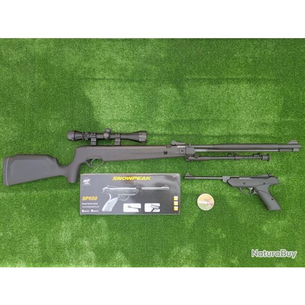 PACK-11 Carabine Piston Snowpeak SU1200S Canon Fixe Cal. 5,5 mm 19,9 j + Pistolet SP500 Cal. 4,5 mm