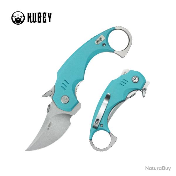 Couteau Kubey Jaw Pikal Karambit Lame Recurve Acier 14C28N Manche G-10 Tiffany blue Clip KUB440B